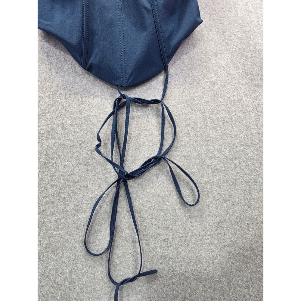 Navy Blue Lace Up Back Corset Top‎ Pointed Hem Strapless XS - Picture 4 of 8